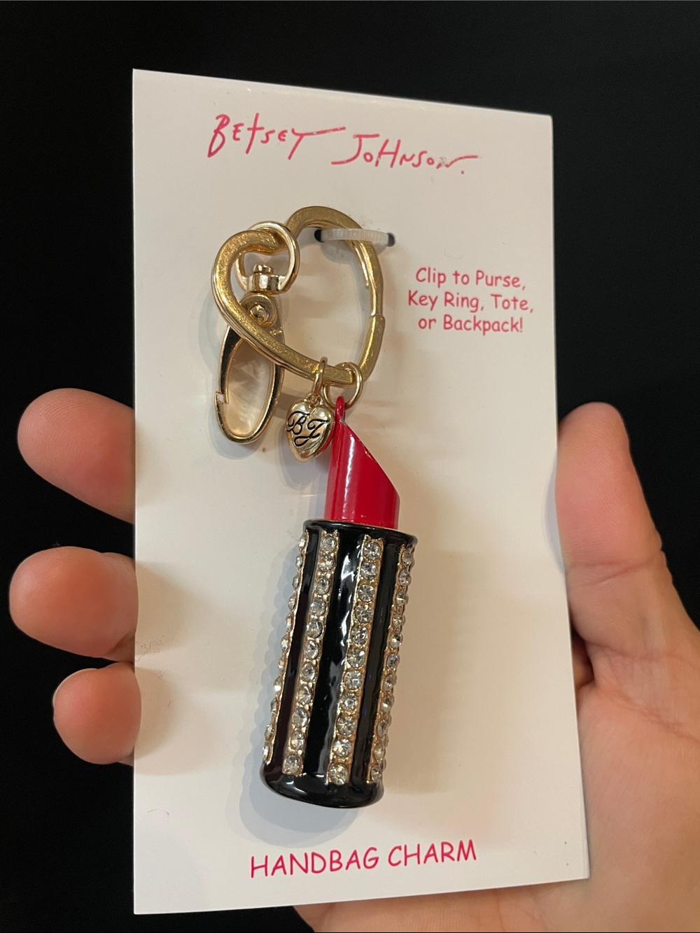 Betsey Johnson Black & Red Lipstick Charm Keychain with Crystal Stripes - Picture 8 of 8